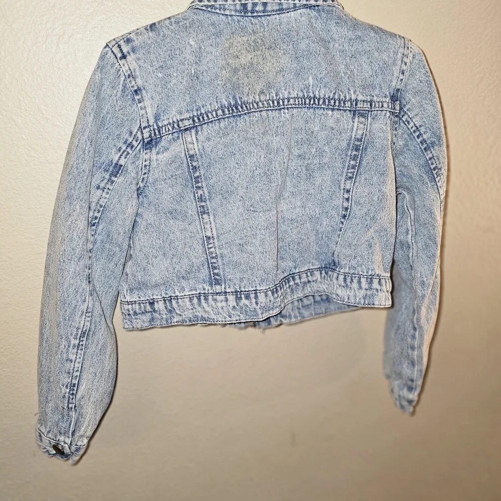 Kids Little Lass Blue Cropped Jean Jacket with Distressed Texture